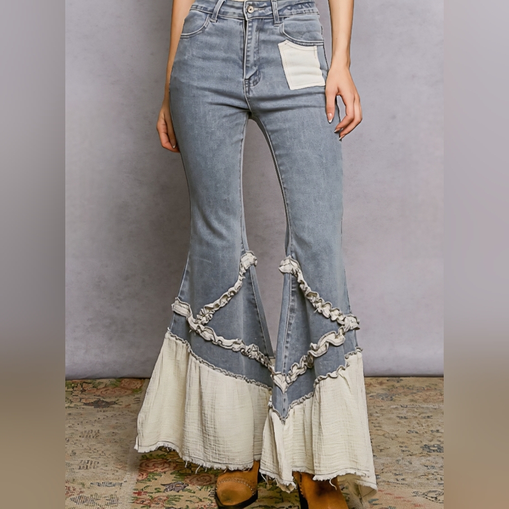 P110 NWT POL Flare Stretch Denim Twill Vintage Wash Pockets Raw Hem Sm Md Lg - Picture 3 of 15